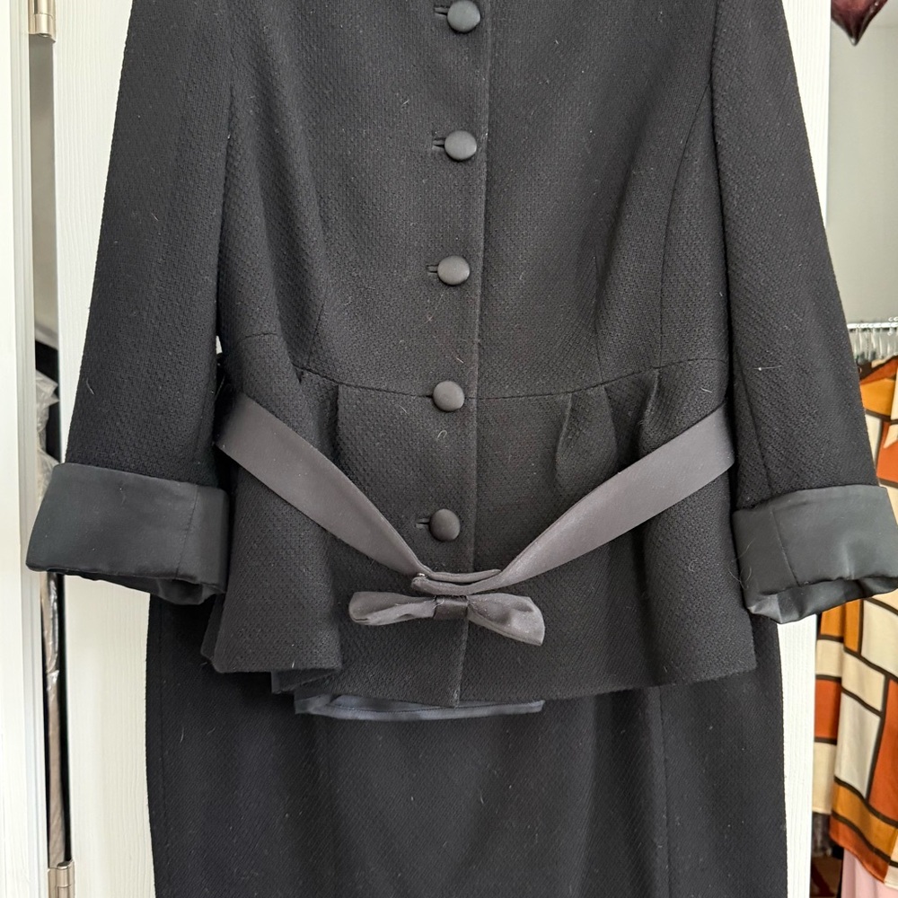 Brooks Brothers Black Textured Peplum Jacket with Ribbon Tie and matching skirt